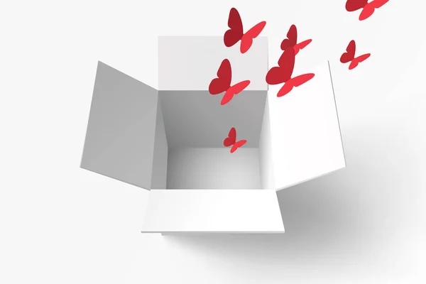 Arte de papel de mariposa roja volar fuera de la caja de regalo abierta — Archivo Imágenes Vectoriales