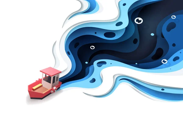 Arte de papel de barco vermelho e do mar, origami e conceito de viagem — Vetor de Stock