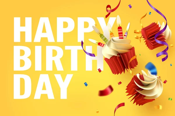Arte de papel de la caida cupcake, Feliz cumpleaños celebrar — Vector de stock