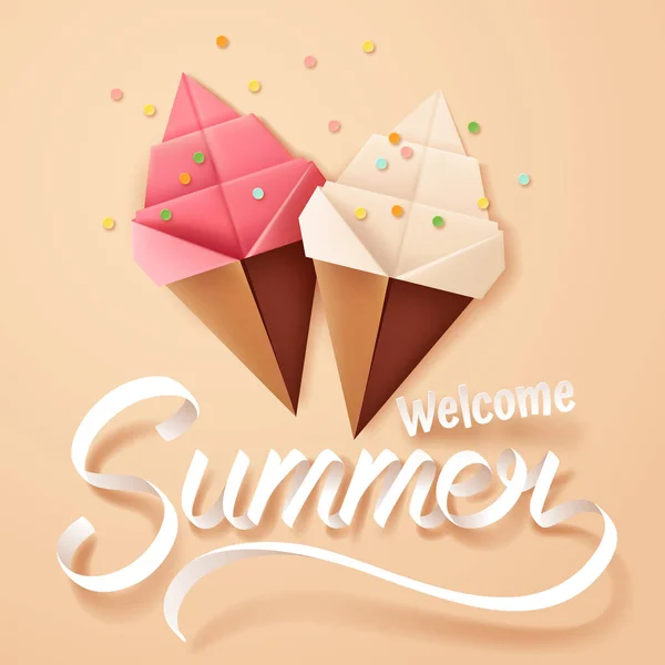 Paper art of ice cream with welcome summer calligraphy — Stock Vector