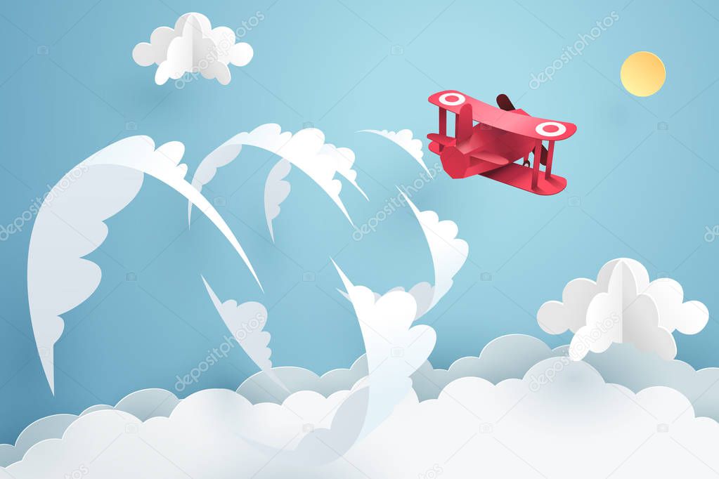 Above the clouds, Paper art of red airplane flying over the sky 