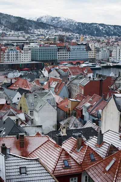 A light snow covering on the roof tops of Bergen, Norway