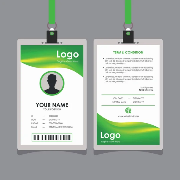 新绿黄防伪身份证设计 雇员及其他人士的专业身份证模版传送器 — 图库矢量图片