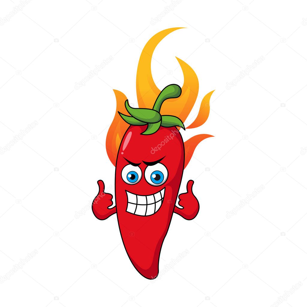 Cute Red Hot Smiling Chili Cartoon Characters Illustration Design, Chili Pepper Mascot with Two Thumbs Up in Fire Template Vector