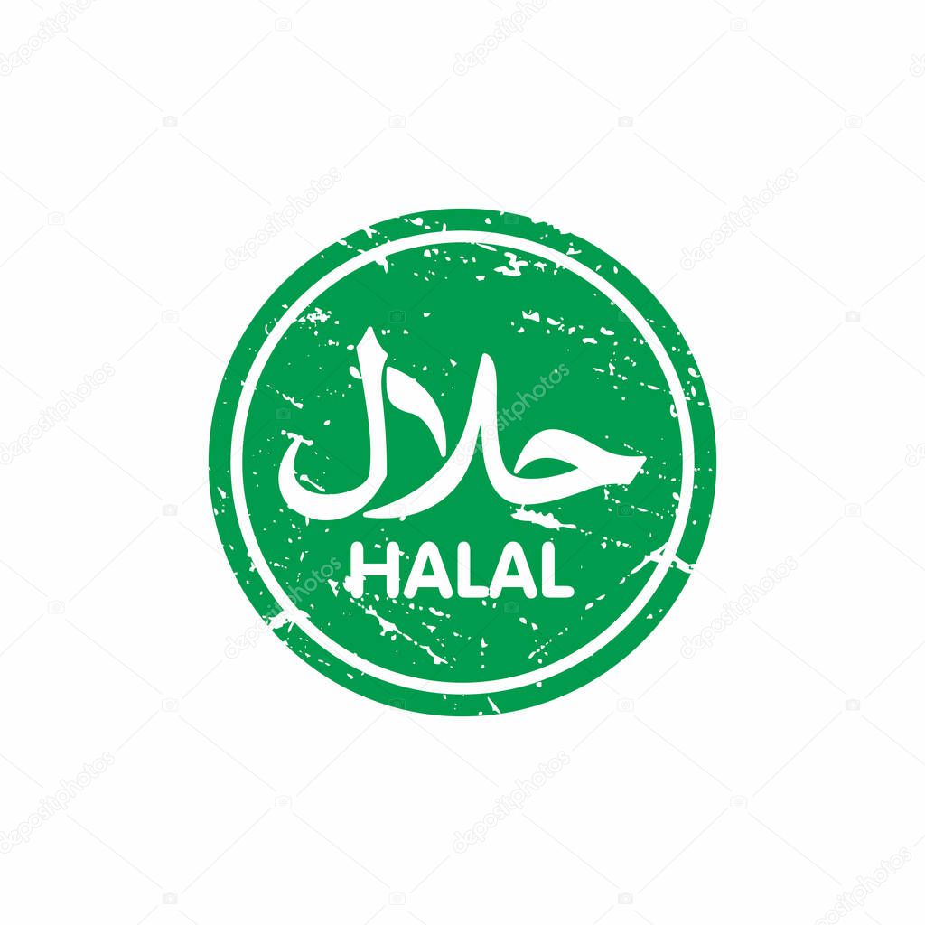 Abstract Circle Green Grungy Halal Food Rubber Stamps Sign Illustration Vector, Rounded Halal Food with Arabic Text Seal, Mark, Label Design Template