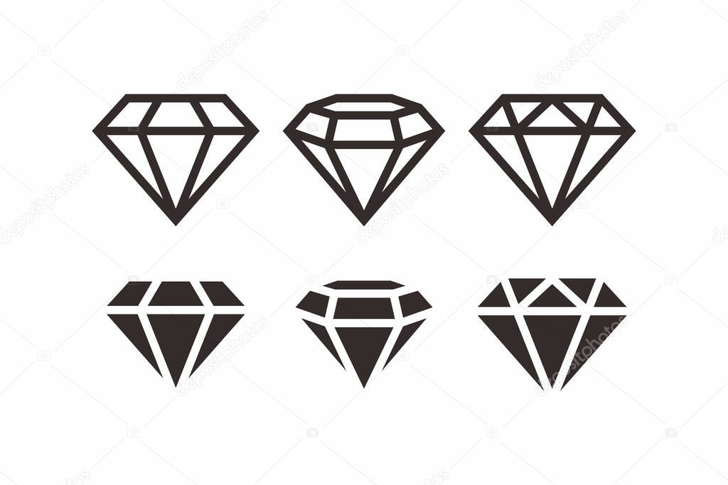 Set of Simple Flat Black Diamond Icon Sign Illustration with Outlined Style Design, Silhouette Jewel Diamond Symbol Collection Template Vector