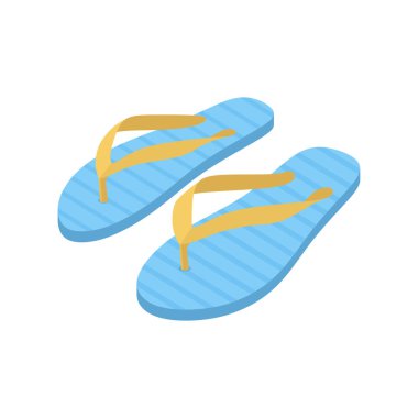 Sarı kayışlı mavi bir çift parmak arası terlik, beyaz arka planda düz yatıyordu.