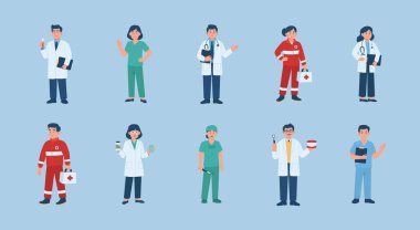 Aralarında doktorlar, hemşireler ve sağlık görevlilerinin de bulunduğu açık mavi arkaplan üzerine kurulmuş çeşitli poz ve kıyafetlerde çizgi film tarzı bir sağlık uzmanları topluluğu.