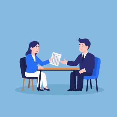 Masadaki iş görüşmesi sırasında mavi ceketli bir kadın takım elbiseli bir adama özgeçmiş veriyor.