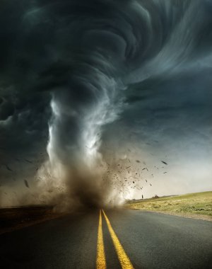 A powerful supercell storm producing a destructive tornado touching down on an isolated country road. Mixed media illustration. clipart