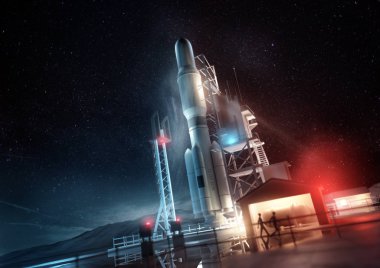 A large space rocket ready for launch at night. 3D illustration concept. clipart