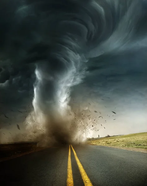 Powerful Supercell Storm Producing Destructive Tornado Touching Isolated Country Road — Stock Photo, Image