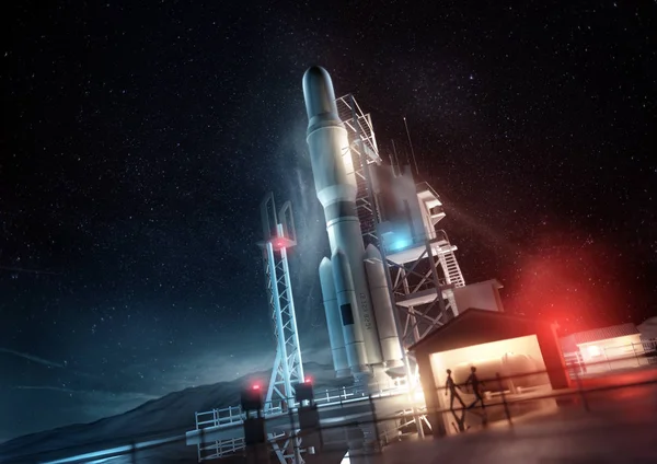 Ένα Μεγάλο Διαστημικό Πύραυλο Έτοιμο Για Εκτόξευση Βράδυ Απεικόνιση Έννοια — Φωτογραφία Αρχείου