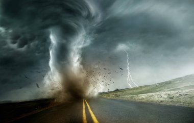 A powerful and dark storm producing a tornado crossing through fields and roads. Dramatic Landscape Mixed media illustration. clipart