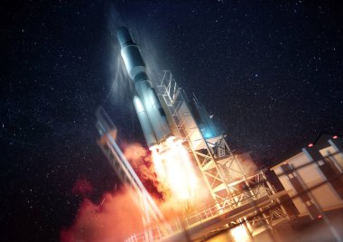 A large commercial rocket being launched into space at night. 3D illustration. clipart