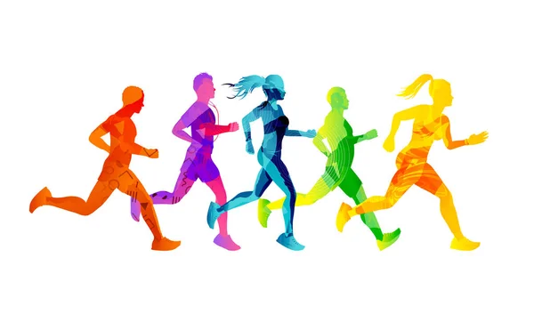Grupo Hombres Mujeres Corriendo Compitiendo Manteniéndose Forma Textura Colorida Gente — Vector de stock