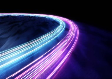 Mavi ve pembe neon araba iz ışıklar arka plan. 3D çizim.