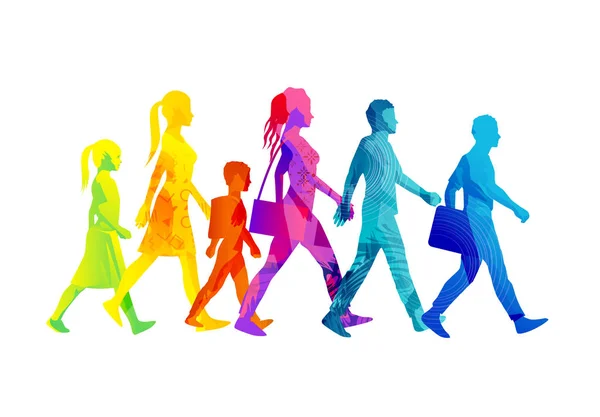 Selection People Silhouettes Walking Including Children Women Men Colourful Texture — Stock Vector