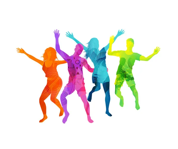 Grupo Jóvenes Felices Activos Saltando Texturas Coloridas Aisladas Sobre Fondo — Archivo Imágenes Vectoriales