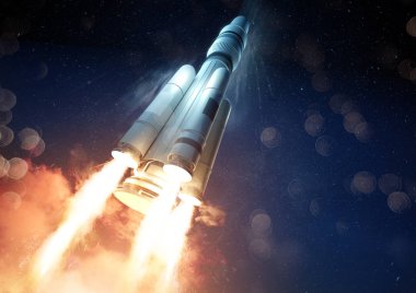 An extreme angle of a rocket launching a probe into space. 3D illustration. clipart
