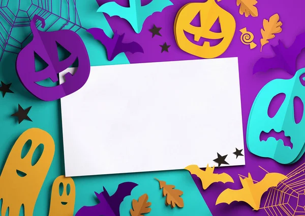 Folded Paper Art Origami Purple Orange Cyan Halloween Background Cut — Stock Photo, Image