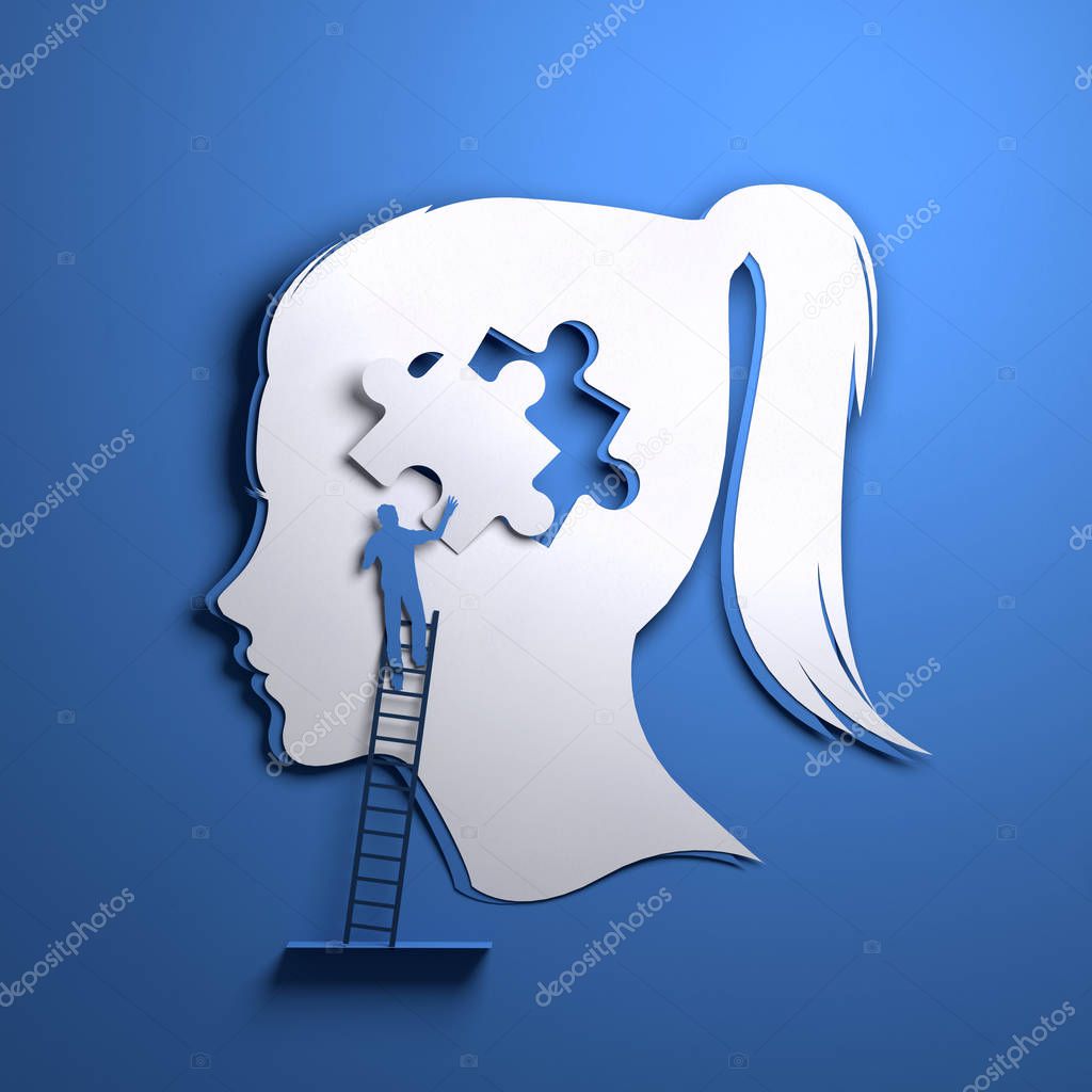 Folded Paper art origami. A silhouette of a womens head with a person adding a puzzle piece. Conceptual mindfulness 3D illustration.