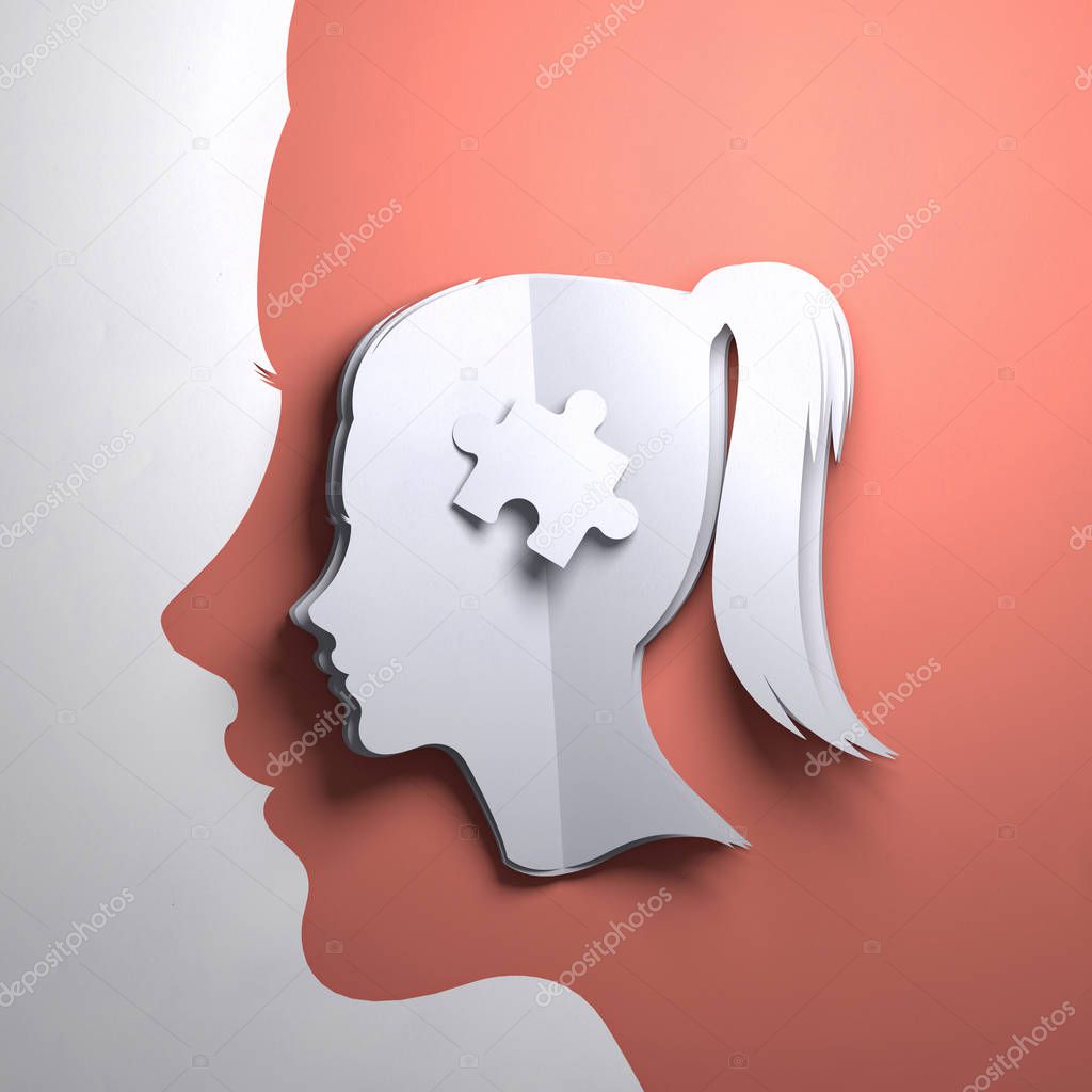 Folded Paper art origami. A silhouette of a womens head with a puzzle piece. Conceptual mindfulness 3D illustration.