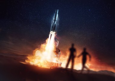 People watching a rocket launching into space from a launch pad. 3D Illustration clipart