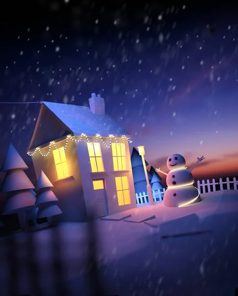 Christmas at home. A winter scene with a welcoming house lit up with fairy lights with a snowman in the garden and falling snow. 3D illustration.