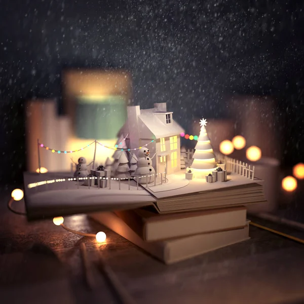 Christmas Story Pop Book Opening Winter Scene Cosy House Snowmen — Stock Photo, Image