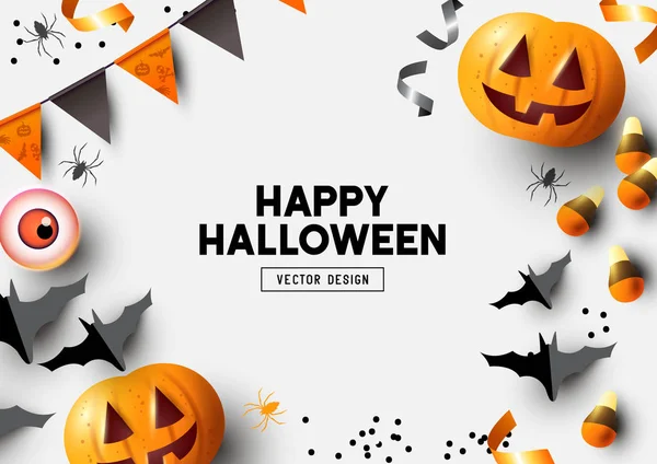 Feliz Fiesta Halloween Etiqueta Invitación Composición Con Calabazas Jack Lantern — Vector de stock