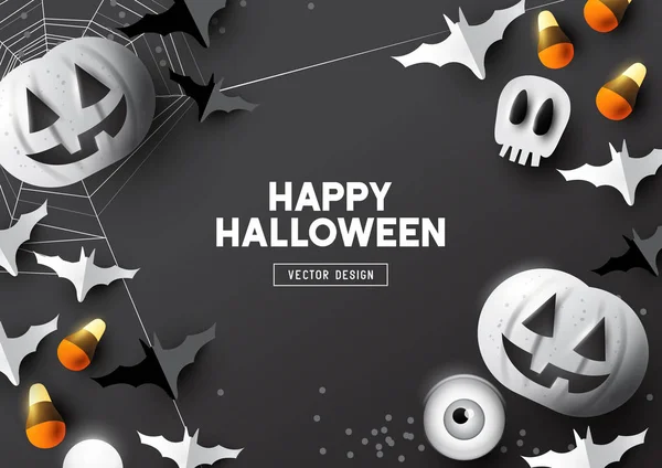 Happy Halloween Party Composition Jack Lantern Pumpkins Party Decorations Dark — стоковый вектор