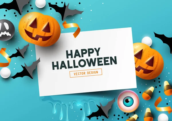 Halloween Party Összetétele Sütőtök Party Dekoráció Édesség Kék Háttérrel Felülnézet — Stock Vector