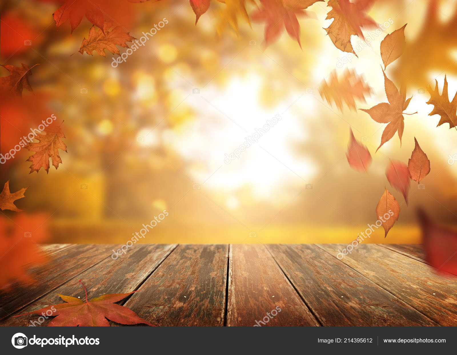 Autumn Season Falling Tree Leaves Wooden Table Background Stock Photo Image By C Solarseven