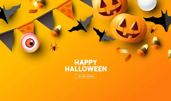Happy Halloween Holiday Party Composition Jack Lantern Pumpkins Party Decorations — стоковый вектор