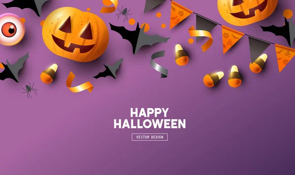 Boldog Halloween Ünnep Fél Összetétele Jack Lantern Tök Háttér Felülnézet — Stock Vector