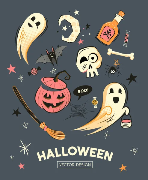 Retro Bonito Feliz Halloween Design Vetor Decorações Personagens —  Vetores de Stock