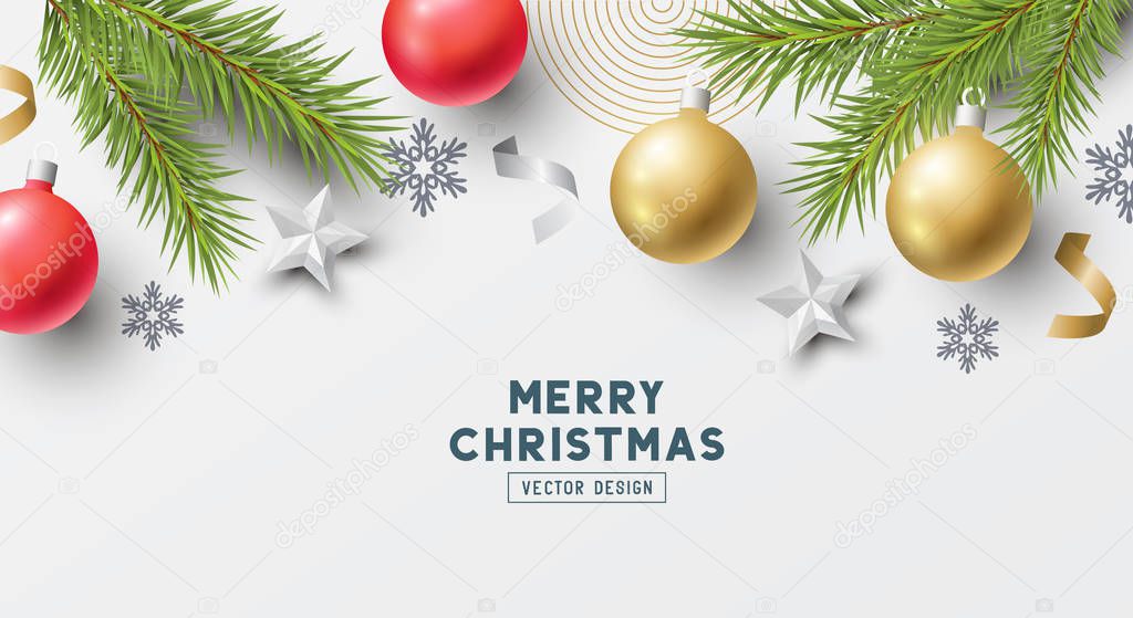 Festive Christmas Composition with fir branches, christmas baubles and snowflakes on a plain background. Top view vector illustration.