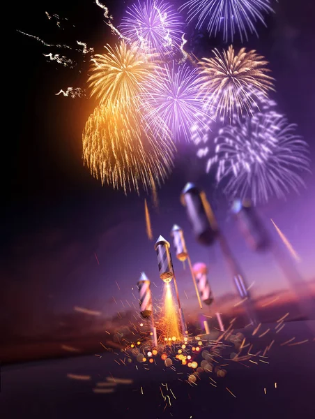 Tűzijáték Rakéták Levegőbe Repül Tele Arany Narancs Lila Szünetek Beszínezi — Stock Fotó