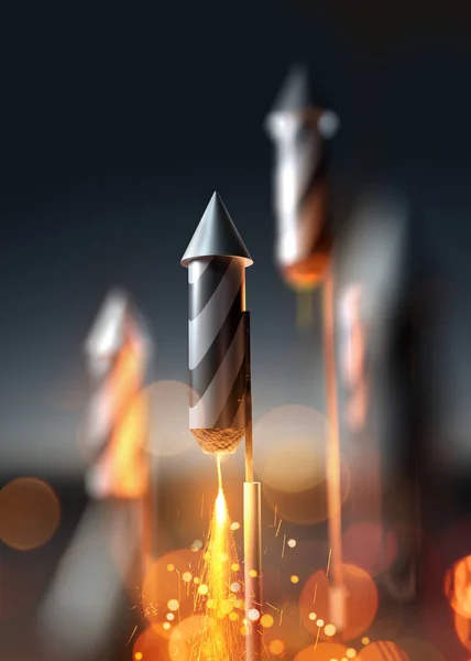 Una Imagen Cercana Cohete Fuegos Artificiales Punto Lanzarse Cielo Nocturno — Foto de Stock