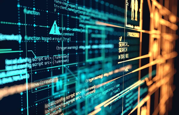 Futuristischer Programmiercode und Big-Data-Verbindungen und Netzwerkmuster. 3D-Illustration. — Stockbild Futuristischer Programmiercode Und Big Data Verbindungen Und Netzwerkmuster Illustration — Stockfoto