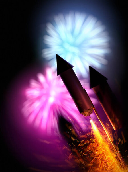 Закрыть изображение фейерверка ракеты с большим дисплеем на заднем плане. Костёр ночного фона - 3D иллюстрация
.