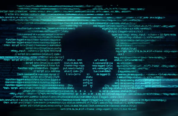Memprogram Kode Komputer Berbahaya Dalam Bentuk Tengkorak Penipuan Online Peretasan — Stok Foto