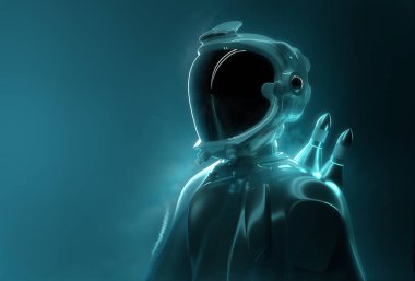 Fütüristik uzay adamı - ileri teknoloji. Genç bir yetişkin olarak tam uzay araştırmaları portresi dişli. 3D çizim.