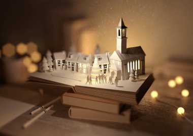 Bir Pop-Up Noel kitap ile kitapların bir yığınına şenlikli bir Noel kasabası açığa açıldı. 3D çizim.