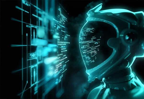 Bu onun uzay başlığın üzerinde yansıtılıyor ile programlama kodu okuma futuristik bir uzay adamı. Gelecekteki kavramı. 3D çizim