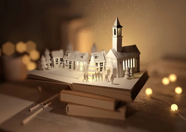 A stack of books with a Pop-Up Christmas book opened revealing A festive christmas town. 3D illustration.