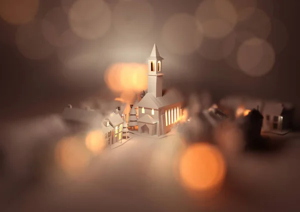 Святковий Різдвяний Сільський Центр Церквою Напередодні Різдва Яскравими Вуличними Вогнями — стокове фото
