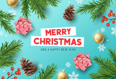 Çam dalları, yay ve süslemeleri ile vektör Noel kompozisyon. İllüstrasyon.