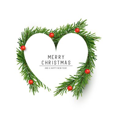 Bir kalp çam dalları ve kırmızı meyveler ile yapılan Noel kare şeklinde. Düz yatıyordu vektör çizim